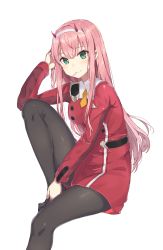 Rule 34 | 10s, 1girl, black dress, black pantyhose, breasts, darling in the franxx, dress, green eyes, hairband, hand in own hair, highres, horns, invisible chair, knee up, long hair, long sleeves, looking at viewer, medium breasts, military, military uniform, mouth hold, no shoes, noboru (kamine204136), pantyhose, pink hair, simple background, sitting, solo, straight hair, uniform, very long hair, white background, white hairband, zero two (darling in the franxx)