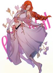 Rule 34 | 1girl, bare shoulders, bleach, blue flower, blush, braid, breasts, cleavage, cleavage cutout, closed eyes, clothing cutout, crop top, detached sleeves, floral background, flower, full body, hair flower, hair ornament, highres, inoue orihime, large breasts, long hair, long skirt, midriff, navel, orange hair, parted bangs, pink flower, sera (serappi), skirt, smile, solo, white background, white footwear, white skirt, white sleeves