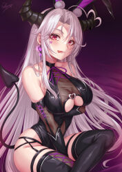 Rule 34 | 1girl, :p, animal ears, black gloves, black leotard, black thighhighs, blush, breasts, closed mouth, collarbone, commentary request, demon horns, demon tail, earrings, elbow gloves, facial mark, fake animal ears, gloves, gradient background, heart, heart facial mark, highres, horns, jewelry, large breasts, leotard, long hair, looking at viewer, original, playboy bunny, purple background, rabbit ears, red eyes, sakiyamama, signature, simple background, smile, solo, tail, thighhighs, tongue, tongue out