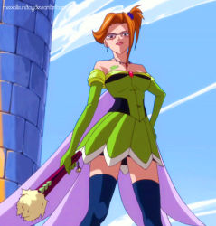 Rule 34 | 1girl, bare shoulders, blue sky, breasts, brown eyes, brown hair, cloud, detached sleeves, dress, elbow gloves, evergreen (fairy tail), fairy tail, female focus, glasses, gloves, green dress, jewelry, necklace, outdoors, sky, solo, standing, tattoo, thighhighs