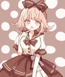Rule 34 | 1girl, alternate costume, black bow, bow, breasts, brown skirt, commentary request, danganronpa (series), danganronpa 2: goodbye despair, dress, finger to mouth, flipped hair, hair bow, hand up, index finger raised, large breasts, light brown hair, looking at viewer, mari audio, medium hair, nanami chiaki, open mouth, pleated skirt, puffy short sleeves, puffy sleeves, sailor collar, shirt, short sleeves, sketch, skirt, solo, teeth, upper teeth only, white shirt