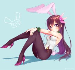 Rule 34 | 10s, 1girl, adapted costume, animal ears, bare shoulders, breasts, brown hair, commentary request, crescent, crescent pin, fake animal ears, full body, hair ornament, hands on own knees, high heels, kantai collection, kisaragi (kancolle), leaning back, leg lift, leotard, long hair, looking at viewer, medium breasts, minami (apricot tea), necktie, pantyhose, plantar flexion, playboy bunny, purple eyes, purple pantyhose, rabbit ears, rabbit tail, sideboob, simple background, sitting, solo, tail, wrist cuffs