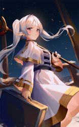 Rule 34 | 1girl, artistic error, breasts, capelet, closed mouth, commentary request, earrings, elf, frieren, grey eyes, grey hair, hair intakes, hand up, highres, holding, holding staff, jacket, jewelry, long hair, night, night sky, open clothes, open jacket, pointy ears, rimuu, shirt, short eyebrows, skirt, sky, small breasts, solo, sousou no frieren, staff, star (sky), starry sky, striped clothes, striped shirt, suitcase, thick eyebrows, twintails, very long hair, white capelet, white jacket, white skirt
