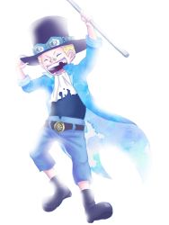 Rule 34 | 1boy, aged down, ascot, bandages, blonde hair, hat, highres, male focus, missing tooth, one piece, open mouth, pole, sabo (one piece), simple background, solo, top hat, weapon