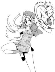 Rule 34 | 1girl, attack, beret, china dress, chinese clothes, dress, embodiment of scarlet devil, female focus, greyscale, hat, hong meiling, kannazuki hato, long hair, monochrome, punching, simple background, solo, star (symbol), thighs, touhou