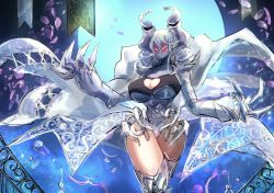 Rule 34 | 1girl, breasts, claws, cleavage, clothing cutout, dress, duel monster, glowing, glowing eyes, grey hair, hatano kiyoshi, highres, horns, lady labrynth of the silver castle, large breasts, leotard, lovely labrynth of the silver castle, low wings, mask, moon, pointy ears, tagme, wings, yu-gi-oh!