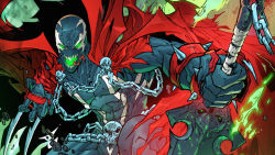 Rule 34 | cape, chain, claws, comic, fire, glowing, glowing eyes, green eyes, green fire, image comics, jonboy meyers, official art, skull, spawn, spawn (spawn), spikes, superhero costume, sword, teeth, tongue, tongue out, weapon