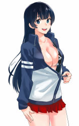 Rule 34 | 1girl, agano (kancolle), bikini, bikini top only, black hair, breasts, cleavage, cowboy shot, fugu custom, green eyes, highres, jacket, kantai collection, large breasts, long hair, multicolored clothes, multicolored jacket, no bra, one-hour drawing challenge, open clothes, open jacket, open mouth, red skirt, simple background, skirt, smile, solo, standing, swimsuit, teeth, two-tone jacket, upper teeth only, white background