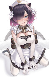Rule 34 | 1girl, absurdres, azur lane, bare shoulders, bell, between legs, blush, bow, bowtie, breasts, breasts squeezed together, buko (bukosuki), cleavage, cleavage cutout, clothing cutout, commission, dress, elbow gloves, embarrassed, feathered wings, frilled dress, frills, from above, full body, gloves, gradient hair, hair over one eye, hair ribbon, hand between legs, hat, highres, jervis (azur lane), kneeling, large breasts, legs apart, looking at viewer, looking up, medium breasts, medium hair, multicolored hair, neck bell, nervous, nervous smile, nurse cap, open mouth, pantyhose, pink hair, pixiv commission, purple eyes, purple hair, ribbon, sleeveless, sleeveless dress, smile, solo, spread legs, striped bow, striped bowtie, striped clothes, v, wavy mouth, white dress, white gloves, white ribbon, white wings, wings