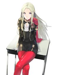 Rule 34 | 1girl, absurdres, arms behind back, black skirt, blonde hair, breasts, cape, cleavage, cleavage cutout, closed mouth, clothing cutout, commentary, crossed legs, desk, edelgard von hresvelg, feet out of frame, fire emblem, fire emblem: three houses, forehead, gloves, hair ribbon, highres, j@ck, long hair, long sleeves, looking at viewer, medium breasts, military, military uniform, miniskirt, nintendo, on table, pantyhose, purple eyes, purple ribbon, red cape, red pantyhose, ribbon, school desk, sidelocks, sitting, skirt, smile, solo, table, uniform, very long hair, white gloves