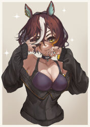 Rule 34 | 1girl, :p, animal ears, bare shoulders, black sweater, border, bra, breasts, brown hair, choker, cropped torso, ear ornament, eyepatch, fingernails, grey background, hair over one eye, hands up, highres, horse ears, jewelry, long bangs, long sleeves, looking at viewer, medium breasts, multicolored hair, nail polish, one eye covered, outside border, parted bangs, rustycork, short hair, simple background, sleeves past wrists, smile, solo, sweater, tanino gimlet (umamusume), tongue, tongue out, two-tone hair, umamusume, underwear, upper body, white border, white hair, yellow eyes, yellow nails
