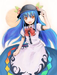 Rule 34 | 1girl, :d, blue hair, bow, bowtie, clenched hand, crystal, dress, female focus, food, fruit, hat, hinanawi tenshi, kokotetsu, long hair, looking at viewer, open mouth, peach, puffy short sleeves, puffy sleeves, red bow, red eyes, short sleeves, sidelocks, smile, solo, touhou, white dress