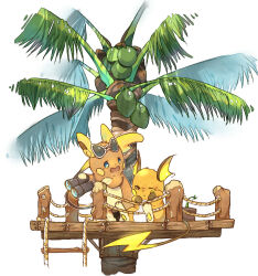 Rule 34 | alolan form, alolan raichu, binoculars, blue eyes, coconut tree, creatures (company), dlitw, eyewear on head, full body, game freak, gen 1 pokemon, gen 7 pokemon, holding, holding binoculars, ladder, looking at another, nintendo, no humans, one eye closed, open mouth, palm tree, pokemon, pokemon (creature), raichu, railing, rope ladder, simple background, sitting, sunglasses, tree, white background