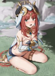 Rule 34 | 1girl, absurdres, aqua eyes, bare shoulders, blurry, blurry background, blush, brooch, circlet, clothing cutout, commentary request, covering privates, covering breasts, day, detached sleeves, dot nose, forehead jewel, genshin impact, gold trim, grass, highres, horns, jewelry, long hair, long sleeves, looking at viewer, low twintails, navel, neck ring, nilou (genshin impact), open mouth, outdoors, parted bangs, puffy long sleeves, puffy sleeves, red hair, shengtian, sitting, skirt, solo, stomach, thighlet, thighs, topless, twintails, vambraces, veil, very long hair, vision (genshin impact), wet