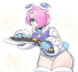 Rule 34 | 1girl, blue eyes, blush, breasts, cleavage, cleavage cutout, clothing cutout, hair ornament, hair over one eye, knife, kukri, large breasts, looking at viewer, open mouth, original, pink hair, pointy ears, rei (holyspirit), short hair, solo, thighhighs, weapon, zefirumu