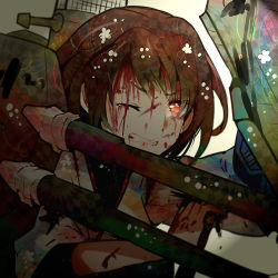 Rule 34 | 10s, 1girl, blood, brown eyes, brown hair, cannon, clenched teeth, female focus, gradient background, hyuuga (kancolle), injury, itomugi-kun, japanese clothes, kantai collection, personification, short hair, solo, teeth, turret, upper body