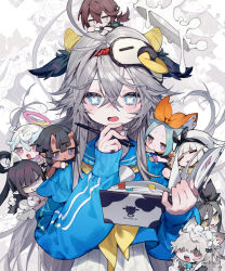 6+girls :d :o animal_ear_fluff animal_ears bare_shoulders beret black_hair blue_eyes blue_hair blue_sailor_collar blue_shirt book bookmark brown_eyes brown_hair bukurote chibi commentary_request dark-skinned_female dark_skin gloves grey_eyes grey_hair grin hair_between_eyes hair_bun hair_ribbon halo hat highres holding holding_pen horns juliet_sleeves long_hair long_sleeves maid maid_headdress mini_person minigirl multiple_girls neckerchief on_head open_book open_mouth orange_ribbon original parted_bangs pen pleated_skirt puffy_long_sleeves puffy_sleeves red_eyes ribbon sailor_collar school_uniform serafuku sharp_teeth shirt skirt sleeves_past_wrists smile symbol-shaped_pupils teeth very_long_hair white_gloves white_hat white_skirt x-shaped_pupils yellow_neckerchief