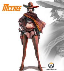 Rule 34 | 1girl, absurdres, ammunition, bad id, bad pixiv id, belt, bikini, bikini bottom only, black bikini, boots, breasts, brown footwear, brown hair, cape, cassidy (overwatch), character name, copyright name, cowboy hat, crop top, full body, genderswap, genderswap (mtf), gun, hair between eyes, hand on own hip, handgun, hat, high heel boots, high heels, highleg, highleg bikini, highres, holster, kyung han kim, legs apart, lips, looking at viewer, mechanical hands, mouth hold, navel, overwatch, overwatch 1, pistol, red cape, sheath, sheathed, short hair, simple background, single mechanical hand, solo, spiked hair, standing, stomach, swimsuit, thigh boots, thighhighs, weapon, yellow eyes
