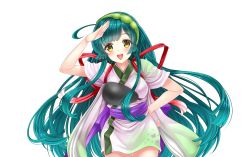 Rule 34 | 1girl, ahoge, blush, green hair, hairband, japanese clothes, long hair, looking at viewer, moyon, muneate, open mouth, salute, smile, solo, touhoku zunko, transparent background, very long hair, vocaloid, yellow eyes