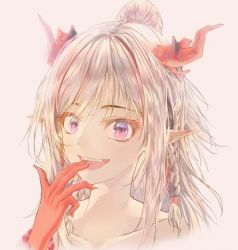 Rule 34 | 1girl, apraxia, arknights, bad id, bad pixiv id, bead bracelet, beads, bodypaint, bracelet, braid, collarbone, commentary, dragon horns, earrings, eyelashes, fangs, grey background, hanafuda, hand to own mouth, highres, horns, jewelry, long hair, looking at viewer, multicolored hair, nian (arknights), open mouth, pointy ears, ponytail, portrait, purple eyes, red hair, romaji commentary, side braid, silver hair, simple background, smile, solo, streaked hair, two-tone hair