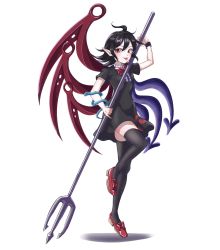 Rule 34 | 1girl, ahoge, alinoce716, asymmetrical hair, asymmetrical wings, black dress, black hair, black thighhighs, blue wings, bow, bowtie, center frills, closed mouth, dress, footwear bow, frills, full body, highres, holding, holding polearm, holding weapon, houjuu nue, looking at viewer, pointy ears, polearm, red bow, red bowtie, red eyes, red footwear, red wings, short hair, short sleeves, snake armband, solo, thighhighs, tongue, tongue out, touhou, trident, weapon, wings