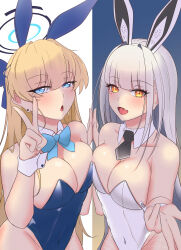 Rule 34 | 2girls, animal ears, aqua bow, aqua bowtie, arm behind back, ascot, bare shoulders, black ascot, blanc (nikke), blonde hair, blowing kiss, blue archive, blue bow, blue eyes, blue hairband, blue leotard, blunt bangs, blush, bow, bowtie, braid, breast press, breasts, briefcase, cleavage, contrapposto, crossover, detached collar, earpiece, fake animal ears, fake tail, french braid, goddess of victory: nikke, hair bow, hairband, halo, highleg, highleg leotard, highres, kana (4276zero), leotard, long hair, looking at viewer, medium breasts, multiple girls, nail polish, official alternate costume, playboy bunny, rabbit ears, rabbit tail, raised eyebrows, smile, standing, strapless, strapless leotard, tail, thighhighs, toki (blue archive), toki (bunny) (blue archive), v, very long hair, w, white hair, white leotard, white nails, white thighhighs, white wrist cuffs, wrist cuffs, yellow eyes