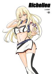 Rule 34 | asymmetrical legwear, belt, blonde hair, blue eyes, character name, french flag, hair between eyes, highleg, highleg panties, highres, kantai collection, long hair, midriff, mismatched legwear, mole, mole under eye, multicolored clothes, multicolored scarf, one-hour drawing challenge, one eye closed, panties, richelieu (kancolle), scarf, smile, solo, thighhighs, tsukino murakumo, two-tone legwear, underwear, white background