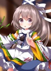 Rule 34 | 1girl, :o, blue skirt, blurry, blurry background, blush, brown hair, detached sleeves, frilled skirt, frills, green ribbon, grey eyes, hand gesture, hat, hat ribbon, highres, japanese clothes, kariginu, layered clothes, looking at viewer, mononobe no futo, one-hour drawing challenge, pom pom (clothes), red ribbon, ribbon, ribbon-trimmed sleeves, ribbon trim, ruu (tksymkw), side ponytail, skirt, solo, tate eboshi, touhou, white ribbon