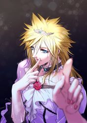 Rule 34 | 1boy, blonde hair, blue eyes, cloud strife, collarbone, crossdressing, dress, ery aizawa, final fantasy, final fantasy vii, final fantasy vii remake, finger to mouth, highres, lipstick, makeup, medium hair, nail polish, pink nails, pointing, pointing at viewer, puffy sleeves, purple dress, rosechoker, simple background, solo, spiked hair, square enix, tiara, wall market