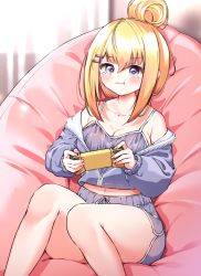 Rule 34 | 1girl, :t, bare shoulders, bean bag chair, blonde hair, blue eyes, blush, breasts, camisole, cleavage, collarbone, commission, dolphin shorts, game console, habetrot (last origin), hair between eyes, hair bun, handheld game console, highres, holding, holding handheld game console, ine (ineinnen), jacket, jacket on shoulders, joy-con, last origin, looking at viewer, midriff, navel, nintendo switch, pixiv commission, playing games, pout, short shorts, shorts, single hair bun, sitting, solo, spaghetti strap, tears
