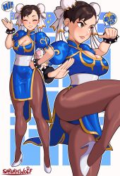 Rule 34 | 1girl, absurdres, artist name, ass, bracelet, breasts, brown hair, capcom, chinese clothes, chun-li, cleavage, cleavage cutout, clothing cutout, double bun, earrings, hair bun, high heels, highres, jewelry, large breasts, lips, medium breasts, pantyhose, pelvic curtain, puffy short sleeves, puffy sleeves, sarukaiwolf, short sleeves, smile, solo, spiked bracelet, spikes, street fighter