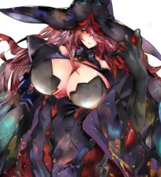 Rule 34 | 1girl, black sclera, blazblue, blazblue: central fiction, breasts, colored sclera, gond, hair over one eye, hat, huge breasts, konoe a. mercury, long hair, pink hair, solo, weapon, witch hat, yellow eyes