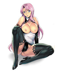 Rule 34 | 1girl, apron, bare shoulders, black thighhighs, blue eyes, blush, breasts, breasts out, covering privates, covering crotch, dream c club, dream c club (series), elbow gloves, female pubic hair, gloves, high heels, homare (fool&#039;s art), large breasts, long hair, looking at viewer, nipples, no panties, open clothes, parted lips, pink hair, pubic hair, ribbon, rui (dream c club), simple background, sitting, solo, thighhighs, very long hair, white background