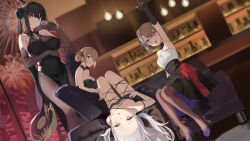 Rule 34 | 4girls, absurdres, aerial fireworks, alcohol, arm up, armpits, artist request, azur lane, bare shoulders, black dress, black flower, black footwear, black gloves, black hair, black pantyhose, blonde hair, breasts, brown hair, chen hai (azur lane), chen hai (vestibule of wonders) (azur lane), cleavage, covered navel, crossed bangs, cup, dress, drinking glass, fireworks, flower, gloves, hair between eyes, hair flower, hair ornament, high heels, highres, holding, holding cup, indoors, laffey (azur lane), laffey (lazy days) (azur lane), large breasts, lying, multiple girls, official art, on back, pantyhose, parted lips, pelvic curtain, prince of wales (a knight&#039;s song a lady&#039;s night) (azur lane), prince of wales (azur lane), pumps, purple eyes, red eyes, shoes, stiletto heels, triangle mouth, white hair, wine, wine glass, z23 (azur lane), z23 (tanz der blumen) (azur lane)