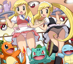 Rule 34 | 2girls, :o, ^ ^, apron, aqua eyes, ass, blonde hair, blush, bow, bulbasaur, ceiling, character request, charmander, claws, closed eyes, creatures (company), cup, dress, fangs, fire, flame-tipped tail, from behind, game freak, gen 1 pokemon, grey eyes, grey panties, hair ornament, hairclip, happy, holding, indoors, inline skates, lace, lace-trimmed panties, lace trim, leg lift, lights, long hair, looking at viewer, looking back, maid headdress, multiple girls, necktie, nintendo, open mouth, panties, pantyshot, petticoat, pink panties, plant, poke ball, poke ball (basic), pokemoa, pokemon, pokemon (creature), ponytail, red eyes, roller skates, scrunchie, short dress, siblings, sidelocks, sisters, skates, slit pupils, squirtle, standing, standing on one leg, starter pokemon trio, surprised, swept bangs, teacup, teapot, thigh gap, tray, twins, underwear, upskirt, very long hair, waist apron, waitress, window
