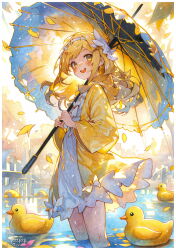 Rule 34 | 1girl, animal, artist name, bird, blonde hair, dated, dress, duck, emperpep, hairband, highres, holding, holding umbrella, jacket, long hair, looking at viewer, open mouth, original, painting (medium), partially submerged, petals, smile, solo, standing, teeth, traditional media, umbrella, upper teeth only, water, watercolor (medium), white dress, white hairband, yellow eyes, yellow jacket