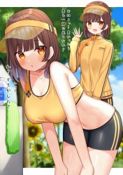 Rule 34 | 1girl, breasts, brown hair, cleavage, highres, jacket, looking at viewer, midriff, mizukoshi (marumi), open mouth, original, red eyes, short hair, short shorts, shorts, smile, solo, sports bra, track jacket