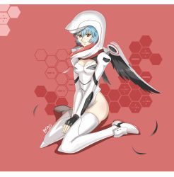 Rule 34 | 1girl, absurdres, adapted costume, ayanami rei, bad id, bad pixiv id, black wings, blue hair, bodysuit, boots, breasts, cleavage, cleavage cutout, clothing cutout, cosplay, helmet, highres, leotard, light smile, mass production eva, mass production eva (cosplay), medium breasts, neon genesis evangelion, plugsuit, red eyes, short hair, sitting, solo, steamed egg, the end of evangelion, thigh boots, thighhighs, wariza, white thighhighs, wings