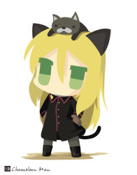 Rule 34 | 1girl, animal, animal ears, animal on head, artist name, bad id, bad pixiv id, black cat, black pantyhose, blonde hair, boots, brown gloves, cat, cat ears, cat tail, chameleon man (three), chibi, flat color, full body, gloves, green eyes, hands on own hips, heinrike prinzessin zu sayn-wittgenstein, long hair, military, military uniform, no lineart, no mouth, noble witches, on head, pantyhose, simple background, solo, standing, strike witches, tail, uneven eyes, uniform, white background, world witches series