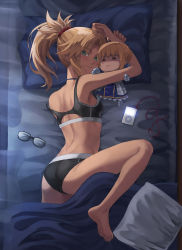 Rule 34 | 1girl, anklet, artoria pendragon (all), artoria pendragon (fate), ass, bad id, bad pixiv id, bare shoulders, barefoot, blonde hair, braid, breasts, character doll, fate/apocrypha, fate/stay night, fate (series), french braid, green eyes, hair ornament, hair scrunchie, highres, jewelry, long hair, looking at viewer, mordred (fate), mordred (fate/apocrypha), parted bangs, ponytail, red scrunchie, revision, saber (fate), scrunchie, sidelocks, small breasts, smile, soles, solo, stuffed toy, thighs, tonee
