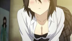 Rule 34 | 10s, 1girl, animated, animated gif, black bra, black hair, blush, bra, breasts, cleavage, inaba himeko, kokoro connect, large breasts, lowres, open clothes, open shirt, school uniform, screencap, shirt, underwear