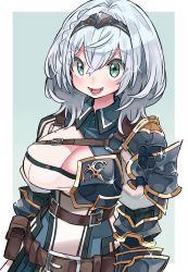 Rule 34 | 1girl, armor, belt, border, braid, breast cutout, breastplate, breasts, brown belt, buckle, chest belt, cleavage, collared dress, cowboy shot, diadem, dress, gauntlets, gold trim, green eyes, grin, hair between eyes, highres, hololive, hyou (hyouga617), large breasts, light blush, long hair, looking ahead, mole, mole on breast, open mouth, outside border, pauldrons, shirogane noel, shirogane noel (1st costume), shoulder armor, silver hair, skindentation, smile, solo, sparkle, standing, utility belt, virtual youtuber, white border
