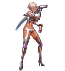 Rule 34 | 1girl, armor, bikini tan, bodysuit, boots, breasts, can, cleavage, dark-skinned female, dark skin, drink can, female focus, fingerless gloves, full body, gloves, high heel boots, high heels, highres, kozuki sana, large breasts, lilith-soft, looking at viewer, medium breasts, revealing clothes, shindol, shiny skin, short hair, simple background, soda can, solo, standing, taimanin (series), taimanin asagi, taimanin rpgx, tan, tanline, thighhighs, thong, underboob, undercleavage, white background