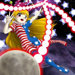 Rule 34 | 1girl, american flag dress, american flag legwear, blonde hair, blush stickers, clownpiece, collar, fairy, fairy wings, female focus, frilled collar, frills, hat, highres, jester cap, long hair, moon, open mouth, parasite oyatsu, solo, star (symbol), touhou, v, wings, zun (style)