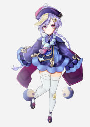 Rule 34 | 1girl, absurdres, bandaged leg, bandages, bead necklace, beads, black footwear, braid, cape, coin hair ornament, commentary request, full body, genshin impact, hair ornament, hal (stsff), hat, highres, jewelry, jiangshi, long hair, long sleeves, looking at viewer, low ponytail, necklace, ofuda, orb, purple eyes, purple hair, qingdai guanmao, qiqi (genshin impact), sidelocks, simple background, single braid, solo, thighhighs, white background, white thighhighs, wide sleeves, yin yang, yin yang orb, zettai ryouiki