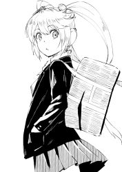 Rule 34 | 1girl, bag, closed mouth, cowboy shot, from side, greyscale, hands in pockets, inside-chan mk.ii, inside-games (media), ishii hisao, jacket, looking at viewer, looking to the side, monochrome, pleated skirt, school bag, shoulder bag, simple background, skirt, solo, twintails, white background