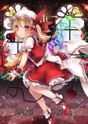 Rule 34 | 1girl, blonde hair, blouse, blush, bow, candle, chestnut mouth, eyebrows, flandre scarlet, flower, frilled sleeves, frills, hat, hat ribbon, holding, holding weapon, lace, lace-trimmed legwear, lace-trimmed sleeves, lace trim, laevatein, long hair, mob cap, puffy short sleeves, puffy sleeves, red bow, red eyes, red flower, red footwear, red ribbon, red rose, red skirt, red vest, ribbon, rose, shirt, shoes, short sleeves, side ponytail, skirt, socks, solo, touhou, toutenkou, vest, weapon, white shirt, white socks, wrist cuffs