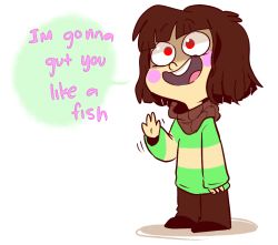 Rule 34 | androgynous, blush stickers, brown hair, chara (undertale), child, english text, false smile, gender request, grin, mudkipful, red eyes, shaded face, smile, spoilers, striped clothes, striped sweater, sweater, teeth, undertale, waving