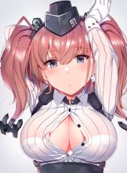 Rule 34 | 1girl, anchor, anchor hair ornament, arms up, atlanta (kancolle), blush, bra, bra visible through clothes, breasts, brown hair, cleavage, collared shirt, commentary request, earrings, garrison cap, gloves, grey eyes, hair ornament, hat, headgear, interstellar, jewelry, kantai collection, large breasts, long hair, long sleeves, looking at viewer, see-through, shirt, simple background, solo, star (symbol), star earrings, two side up, unbuttoned, unbuttoned shirt, underwear, upper body, white background, white shirt