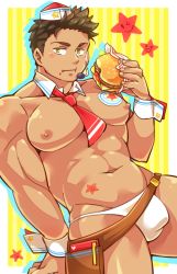Rule 34 | 1boy, abs, aopanda, bara, bare pectorals, between pectorals, blush, briefs, brown hair, bulge, cheek bulge, cowboy shot, detached collar, eating, food, food in mouth, food on face, burger, hat, large pectorals, looking at viewer, male focus, male underwear, muscular, navel, navel hair, necktie, nipples, original, pectorals, revealing clothes, short hair, short necktie, simple background, solo, thick thighs, thighs, underwear, wrist cuffs, yellow eyes